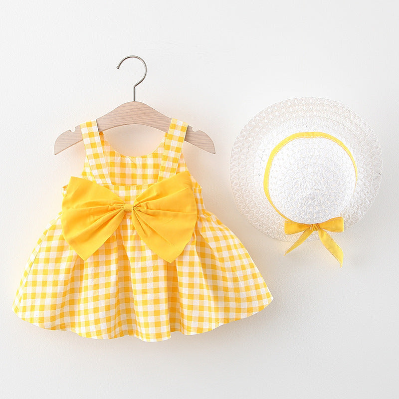 Baby Girl Plaid Skirt Fashion Girl Skirt Free Straw Hat