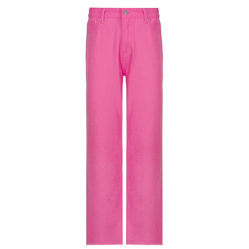 Ladies Street Candy Color High Waist Casual Straight Pants
