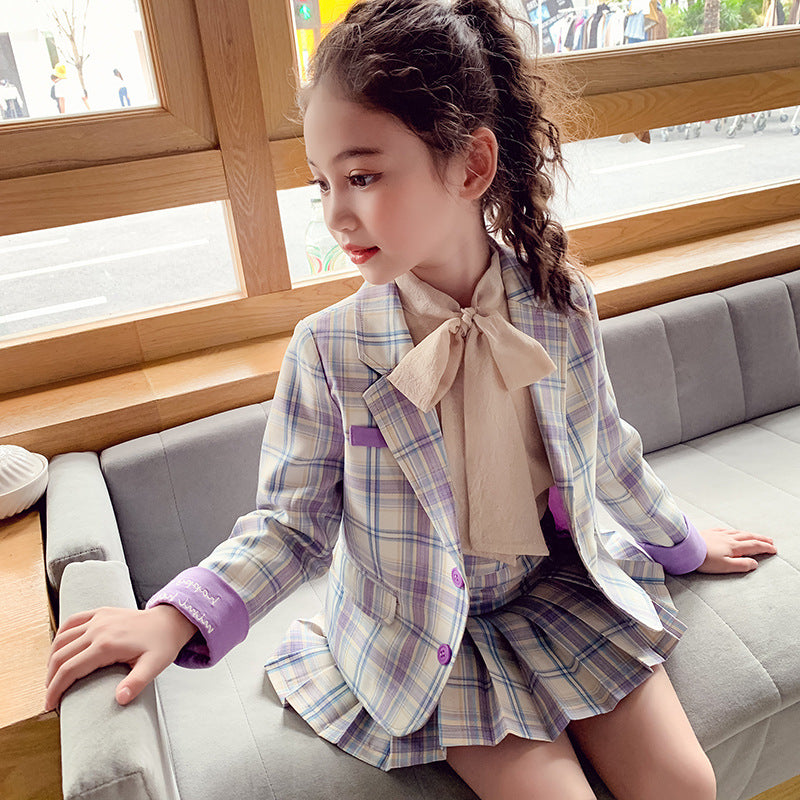 Girls red plaid suit two-piece suit