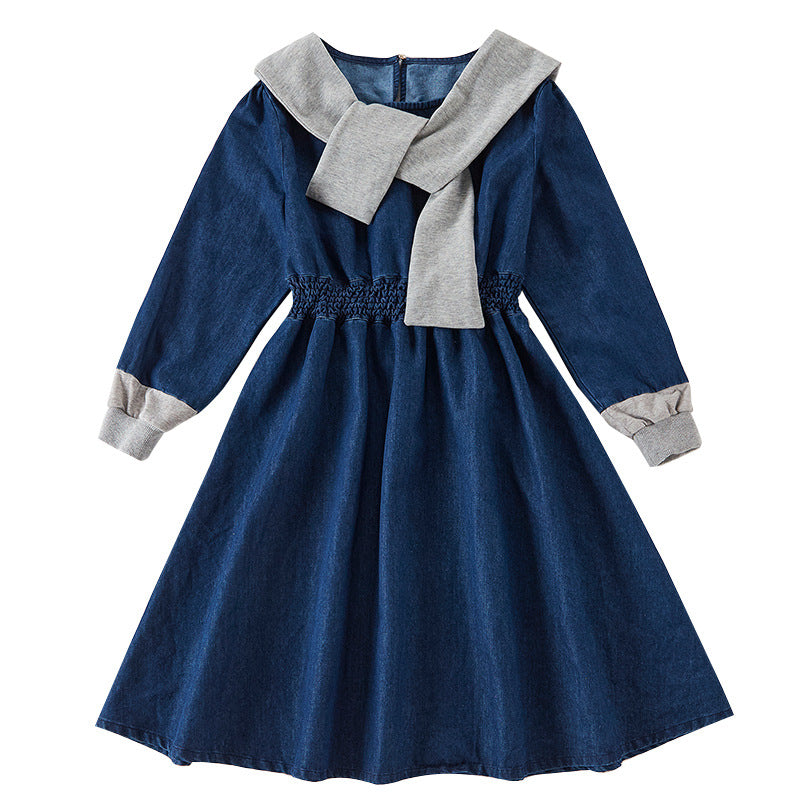 Stitching Denim Children's Parent-child Long-sleeved Princess Dress
