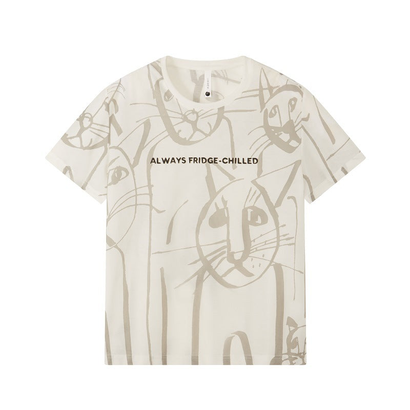 Quality Cotton Linen Street Trend Cat Print Casual Men's T-shirt Short Sleeves