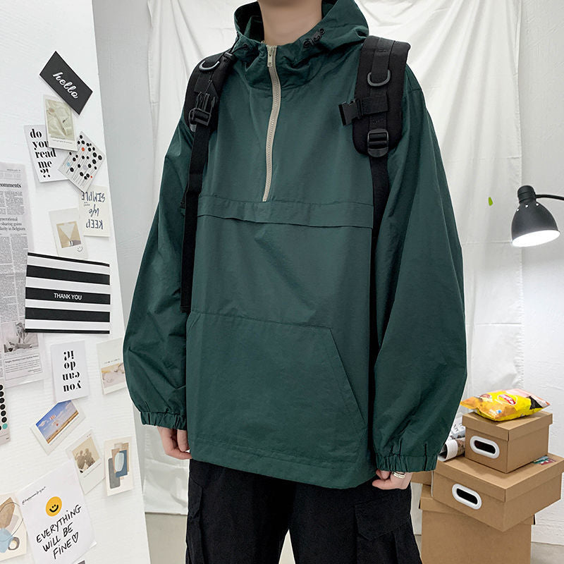 Men's Workwear Functional Wind Hooded Sweatshirt With Half Zipper Jacket