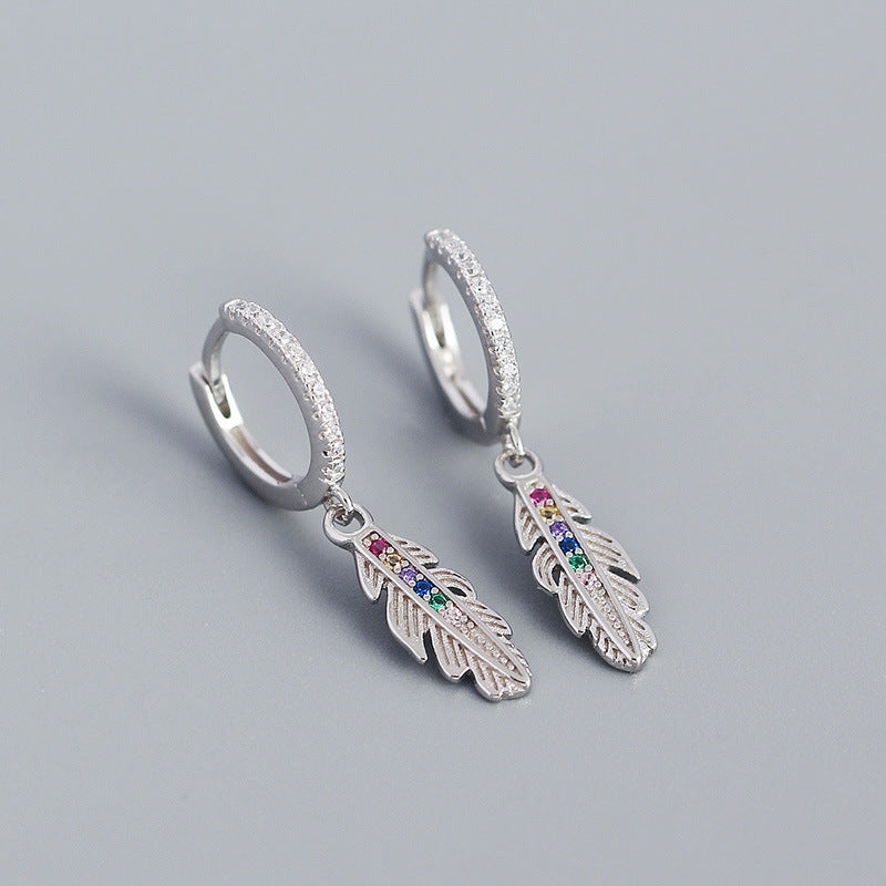 French Light Luxury S925 Silver Long Feather Colored Zircon Earrings