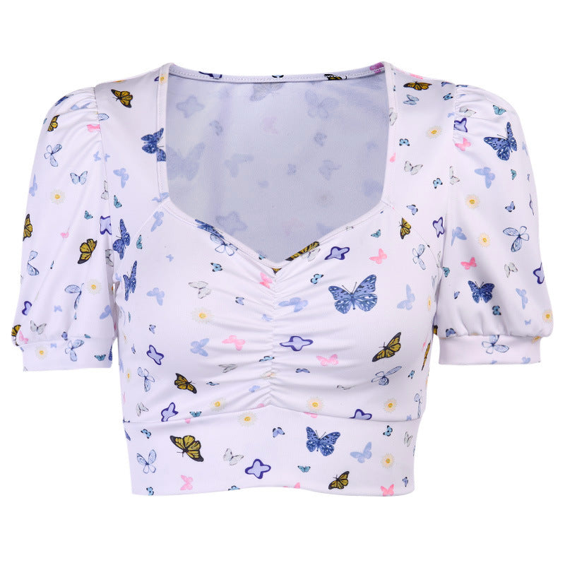 Butterfly Print Puff Sleeve V-neck T-shirt Women