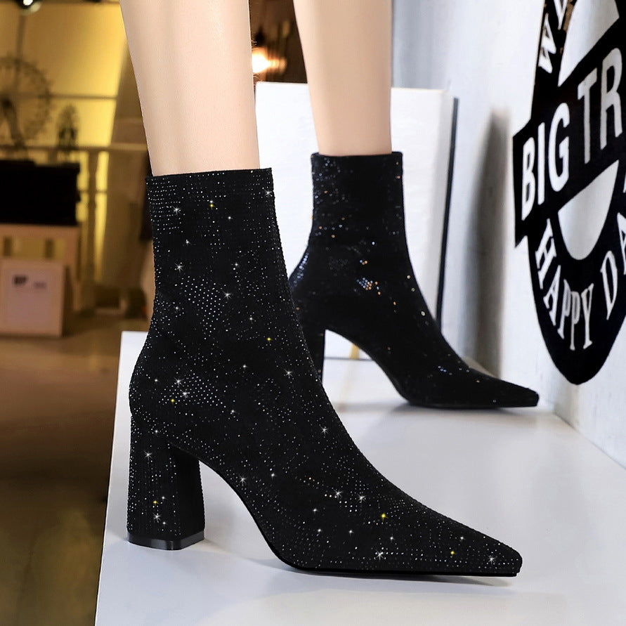 Rhinestone High Heels Women's Thick Heel Boots With Pointed Toe