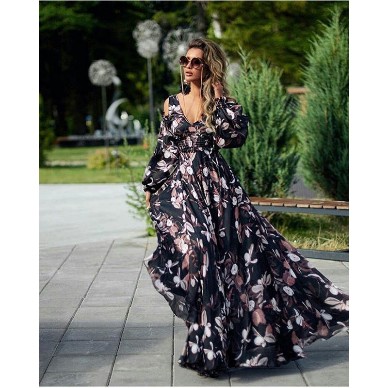 Off-the-shoulder Long-sleeved Printed Dress With Big Swing