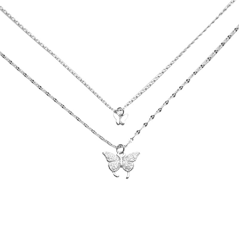 Double Silver  Clavicle  Butterfly Necklace