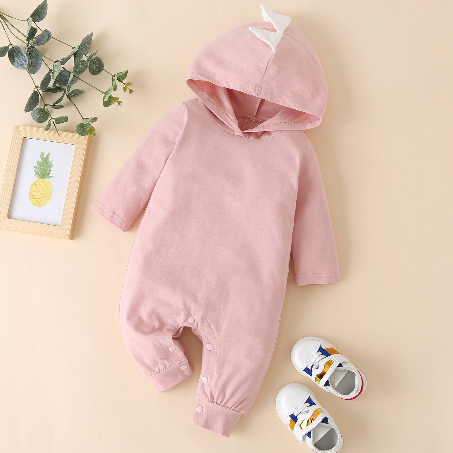 Infant FallWinter Pure Color Hooded Long Sleeve One-piece Romper