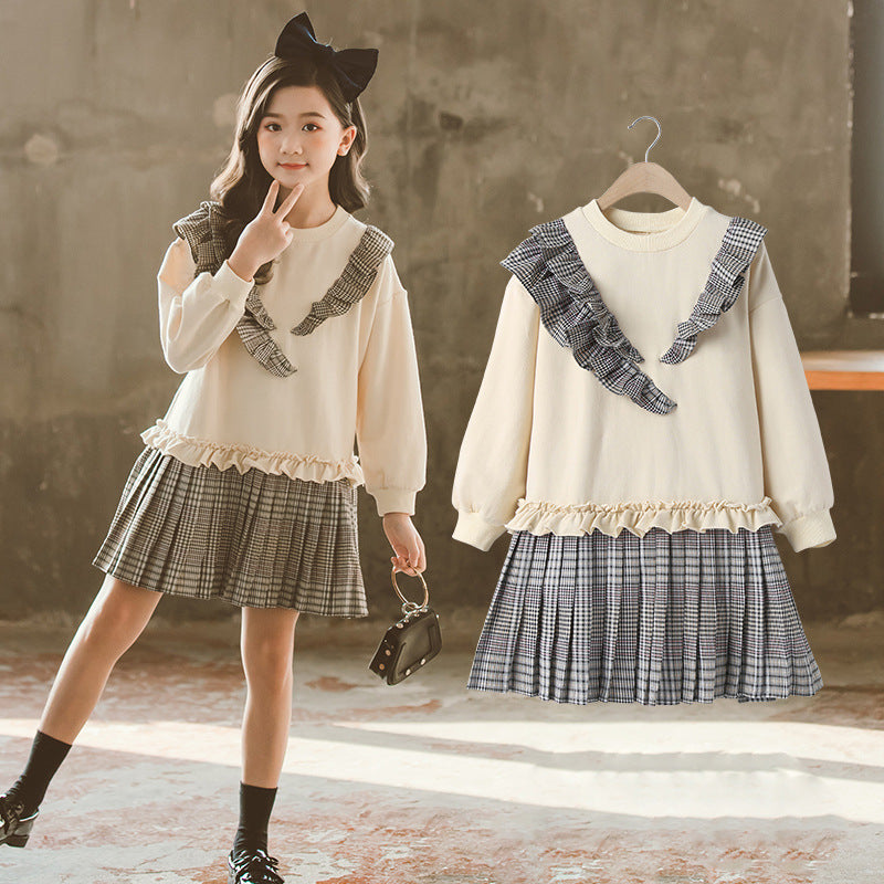 Girls' Dress In Big Kids Korean Style With Plaid Pleated