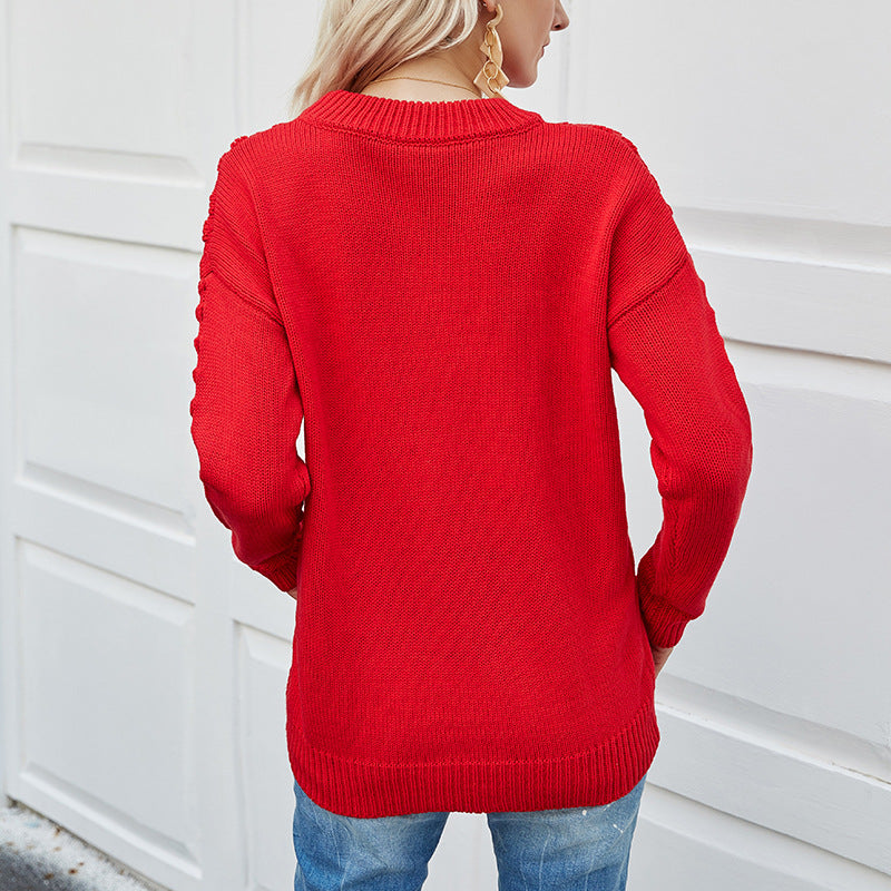 Round neck pullover ladies long-sleeved hollow sweater