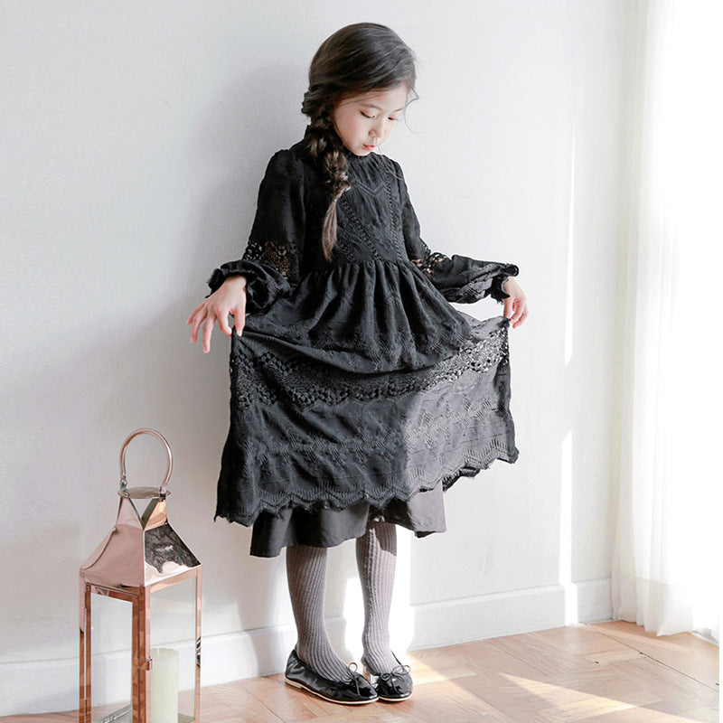 فستان بناتي أسود مطرز 