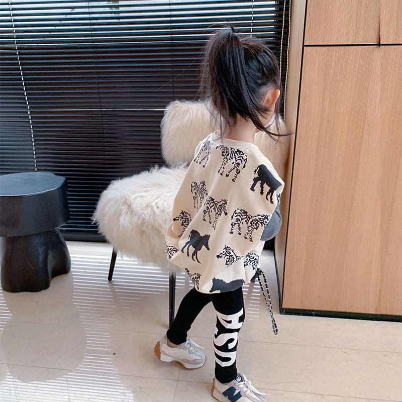 Girls Princess Style Fake Two-piece Sweater Suit All-match Fashionable Children's Leggings