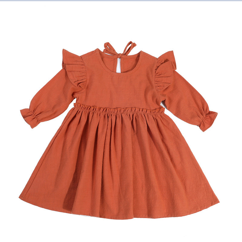 Cotton Long-sleeved Solid Color Girls One-piece Dress