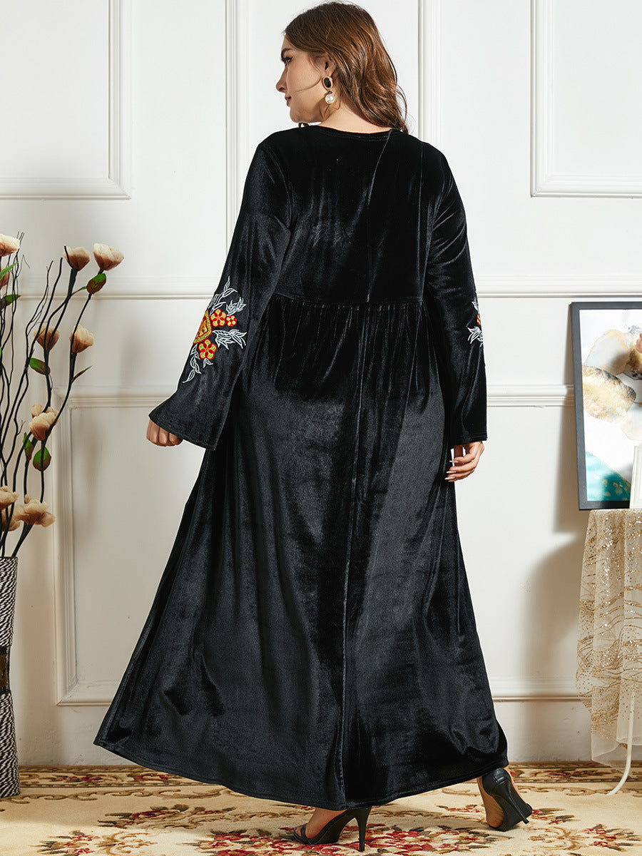 Women's Thickened Gold Velvet Ethnic Embroidery Casual Comfortable Long Skirt Arab Robe