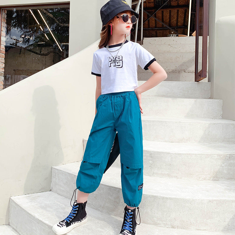 Short-sleeved Round Neck Pullover Korean Version Of The Solid Color Little Girl Mid-waist Pants Suit
