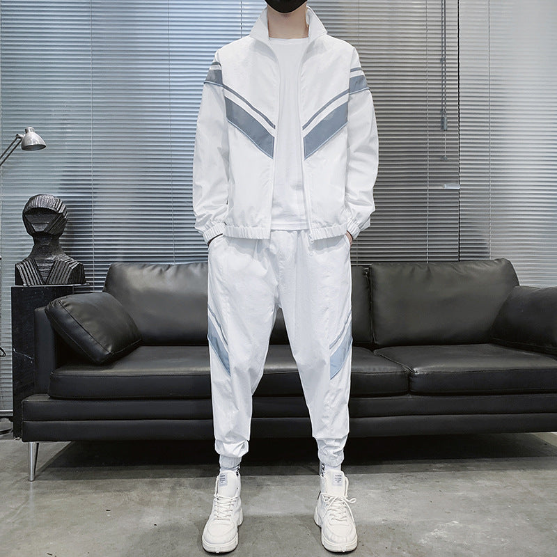 Casual Reflective Jacket Trousers Sports Men's Two Piece Set