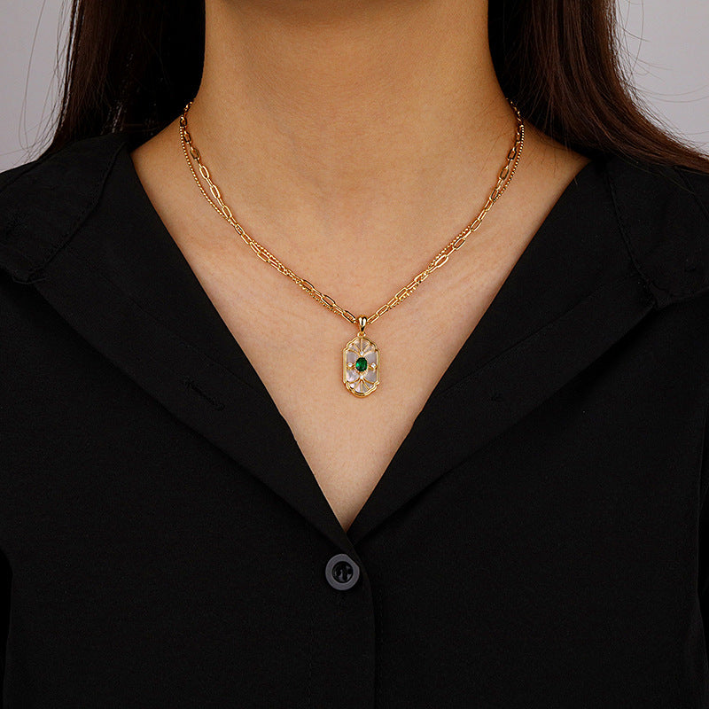 Sterling Silver Emerald Pendant Female Retro Clavicle Chain