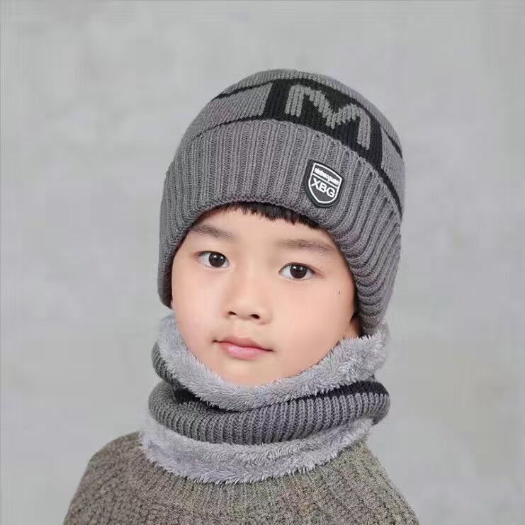 Children's Hats For Autumn And Winter New Boys' Hats And Bibs Set Korean Letters Knitted Hedging Warm Woolen Caps