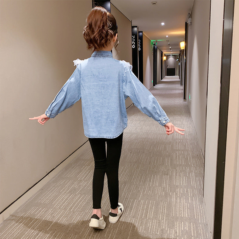 Fashion Children's Long-sleeved Lapel Lace Shirt