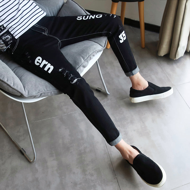 Autumn black ripped ankle jeans