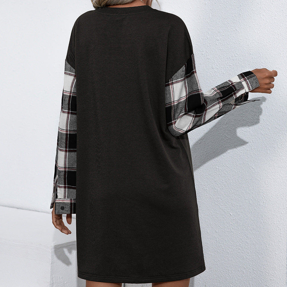 Plaid Stitching Casual Round Neck Long-sleeved T-dress Women