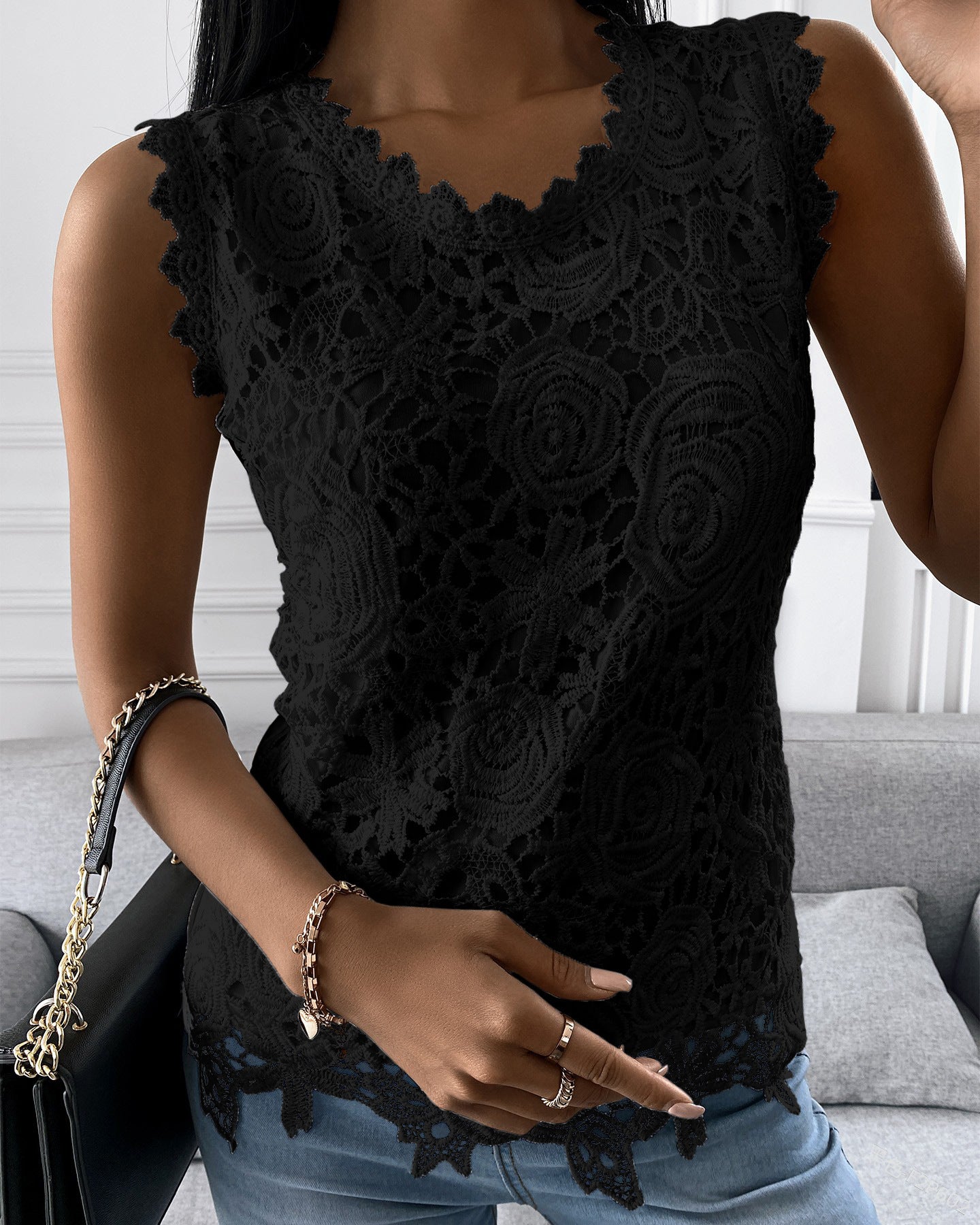 U-neck Sleeveless Solid Color Casual Lace T-shirt