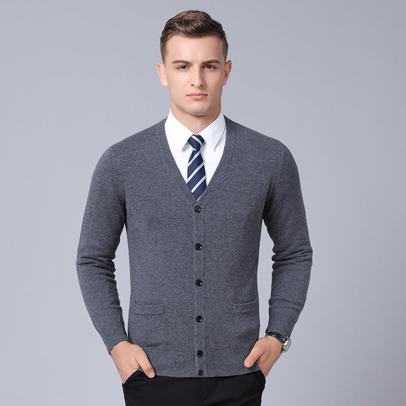 Men's Solid Color Full Wool Cardigan V-Neck Casual Men's Long Sleeve Sweater