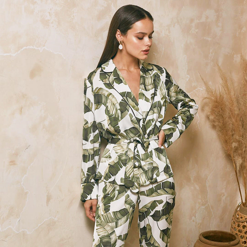 Banana Leaf Print Women's Pajama Set Long Sleeve Simple Homewear