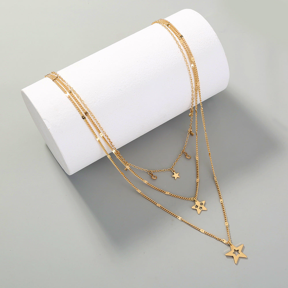 Vintage Five Pointed Star Pendant Tassel Multilayered Necklace