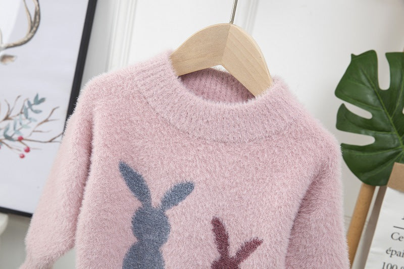 Girls Sweater Baby Knitted Mink Velvet Long-sleeved Round Neck Two Rabbits Bottoming Shirt