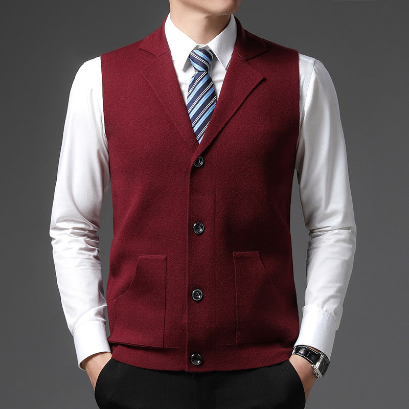 Solid Color Suit Collar Single-breasted Young And Middle-aged Men's Knitted Wool Vest