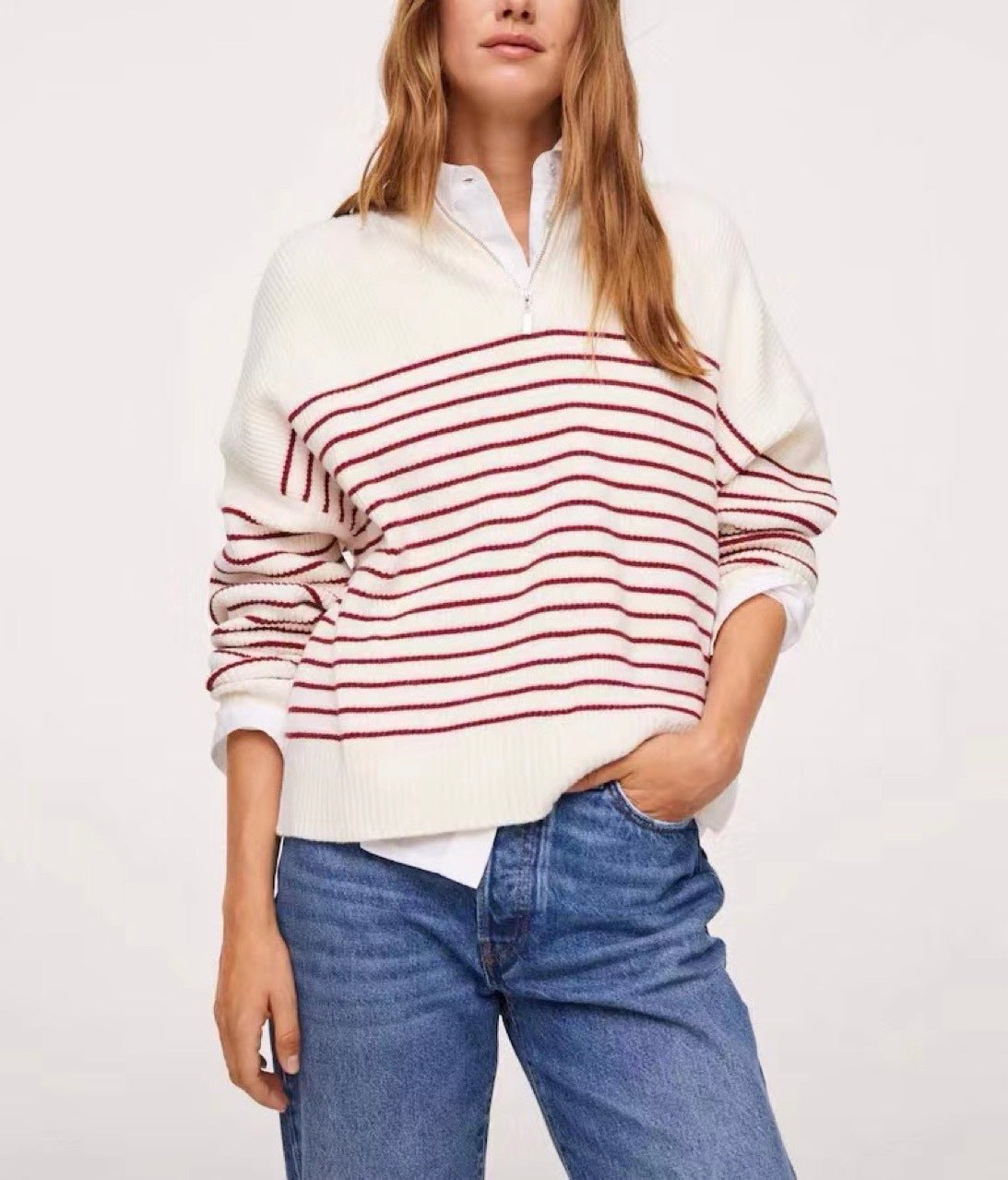 High Neck Bottoming Knitted Sweater With Stripes