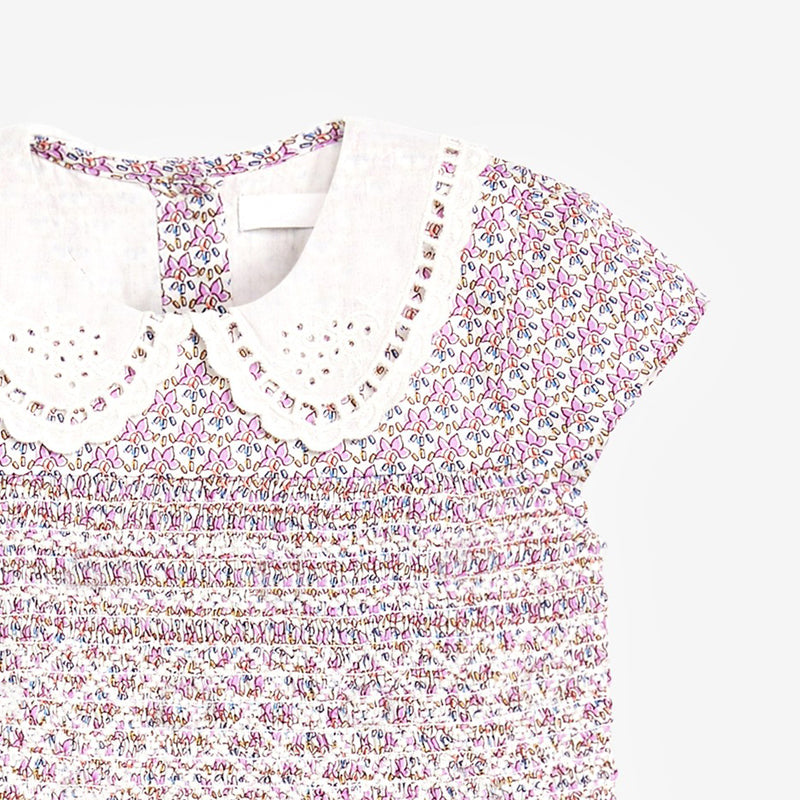Girls' Short-sleeved Dress Floral Lace Lapel Skirt