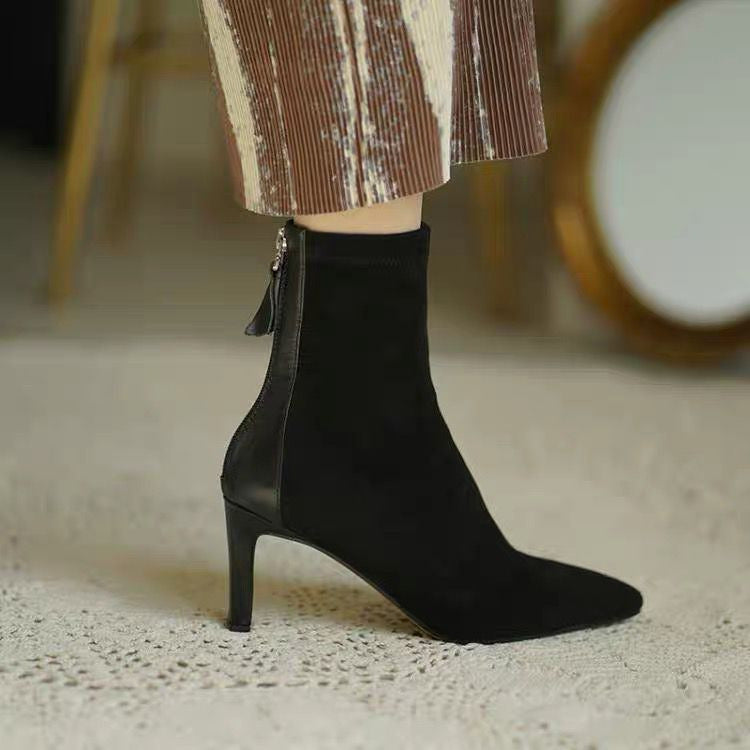 Stiletto Heel And Pointed Temperament Suede Sheepskin Plus Velvet Back Zipper Thin Boots