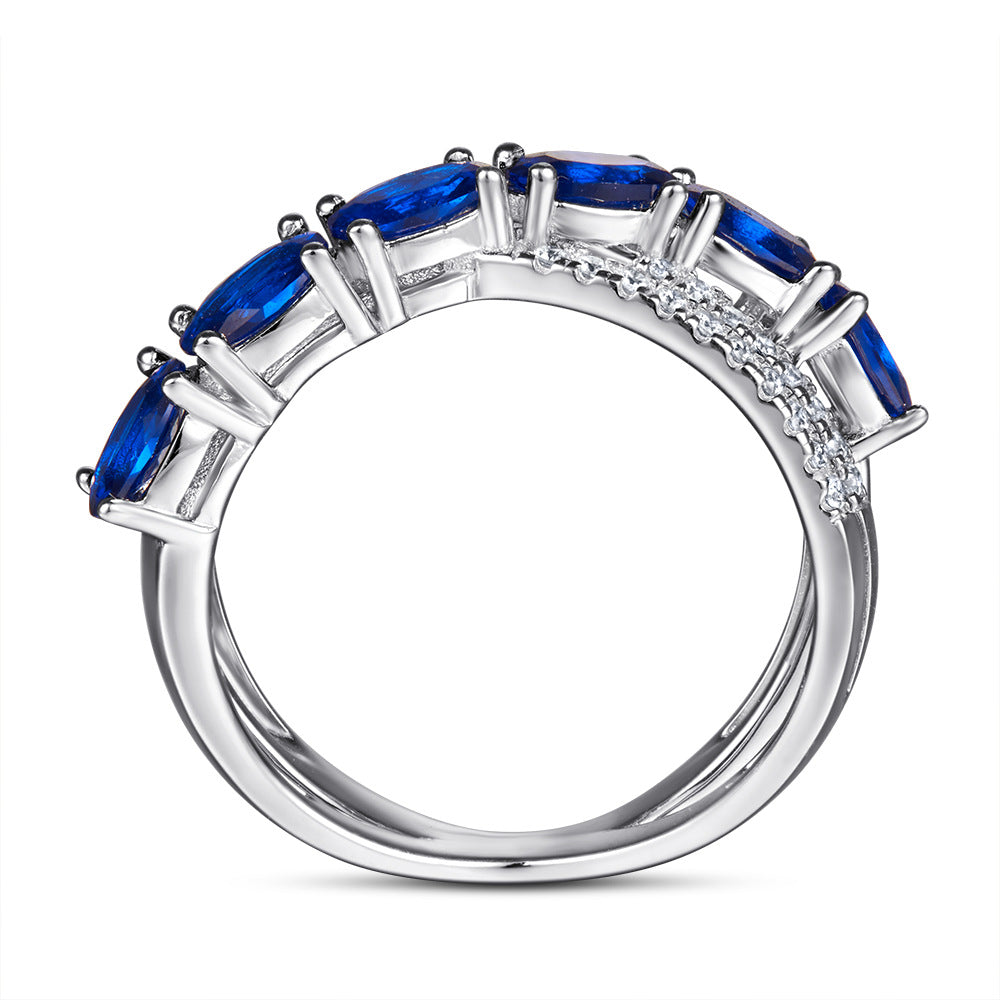 Blue Gemstone Cross Sterling Silver Ladies Ring