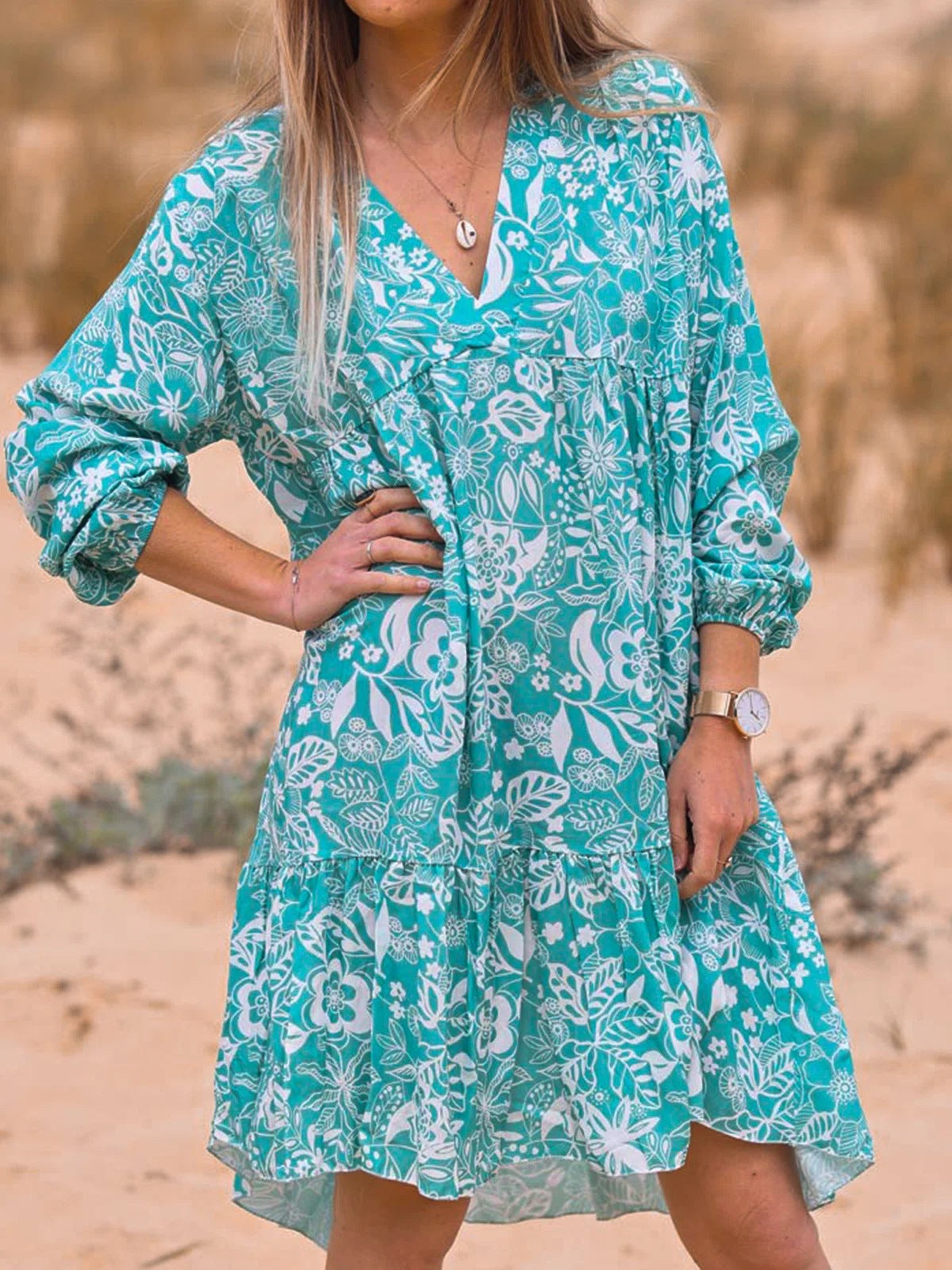 European And American Round Neck Long Sleeve Printed Dress