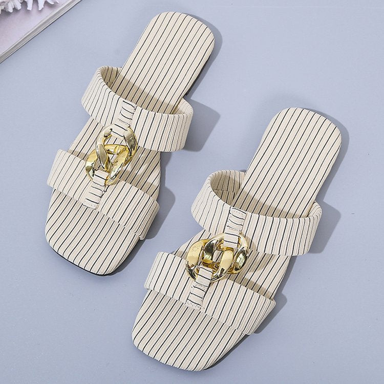 New Style Striped Metal Buckle Flat Bottom Casual Slippers Women