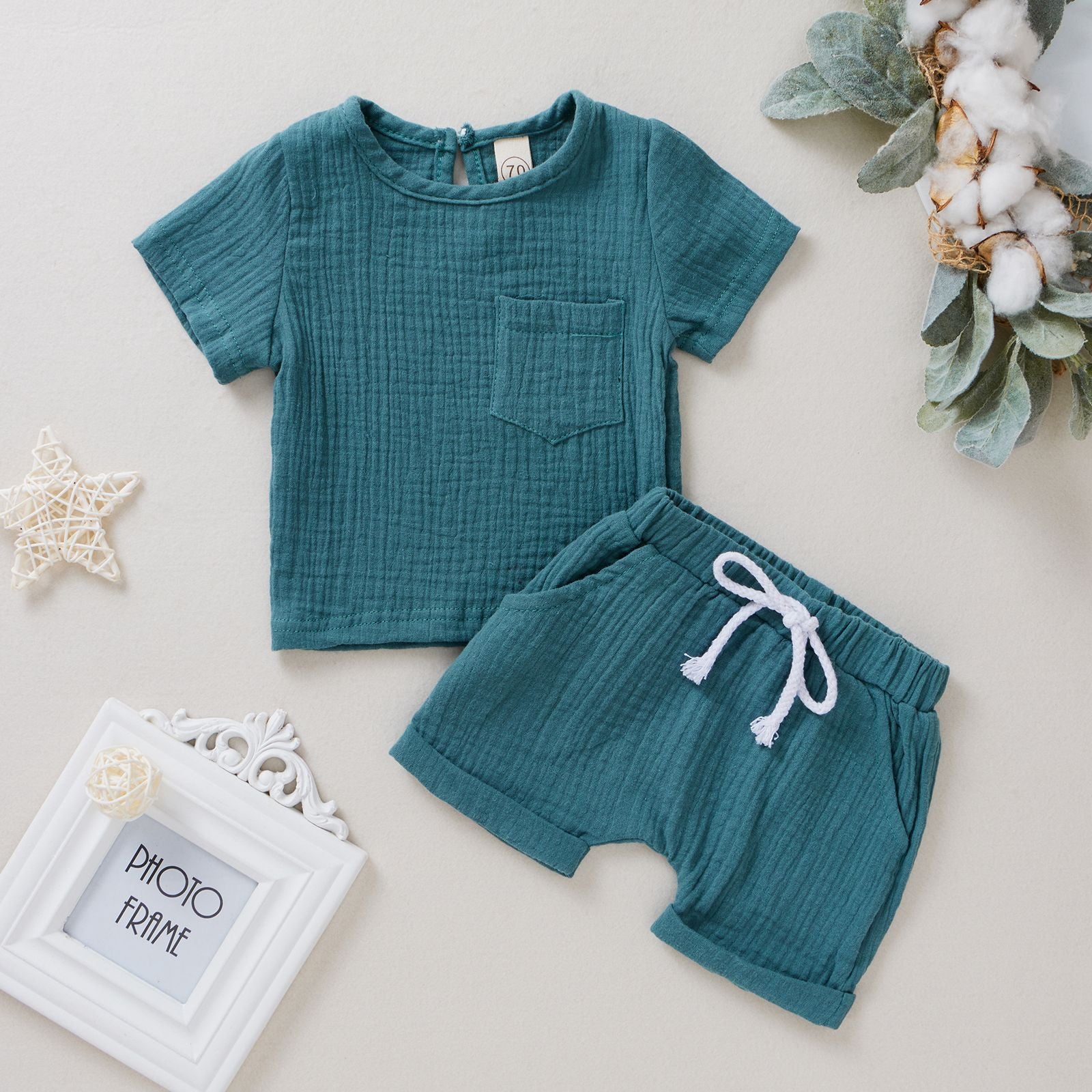 Baby Cotton Double Wrinkle Short Sleeve Shorts Two Piece Set