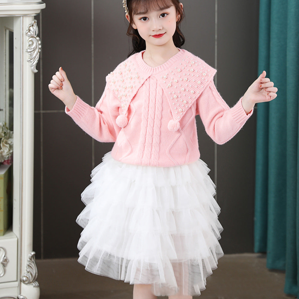 Two-piece Pearl Children's Sweater Cake Dress
