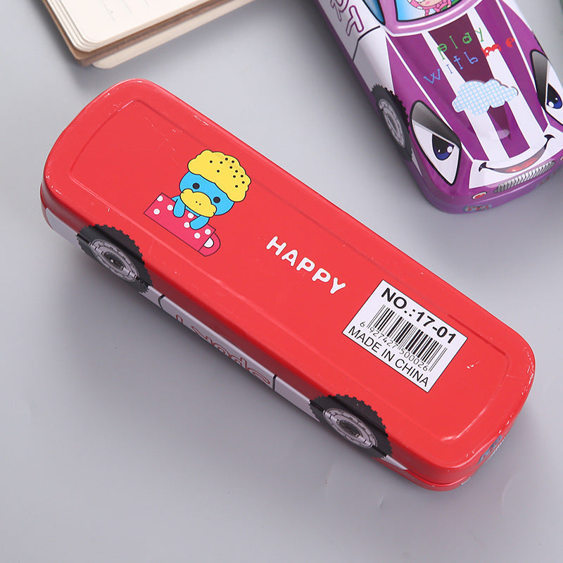 Tinplate Car Trolley Double-layer Stationery Box Racing Shape Pencil Case Cartoon Pattern Pencil Case