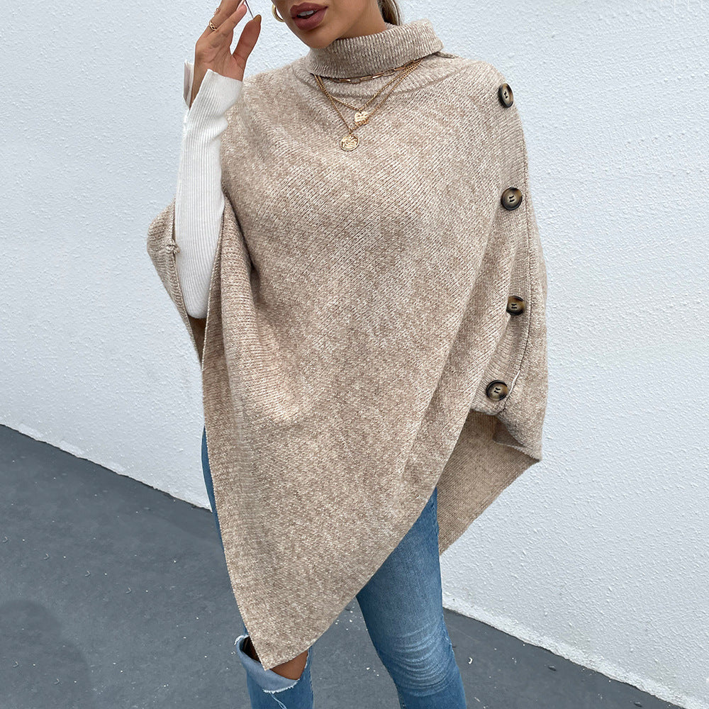 Ladies High Neck Pullover Button Embellished Knitted Cape Sweater