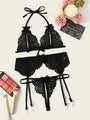 Lace Butterfly Bra Panty Garter Belt Bikini Three-piece Set
