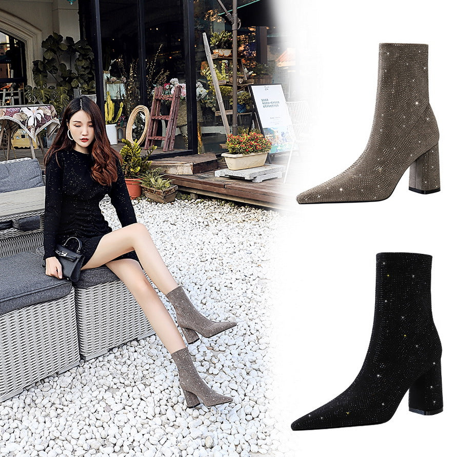 Rhinestone High Heels Women's Thick Heel Boots With Pointed Toe