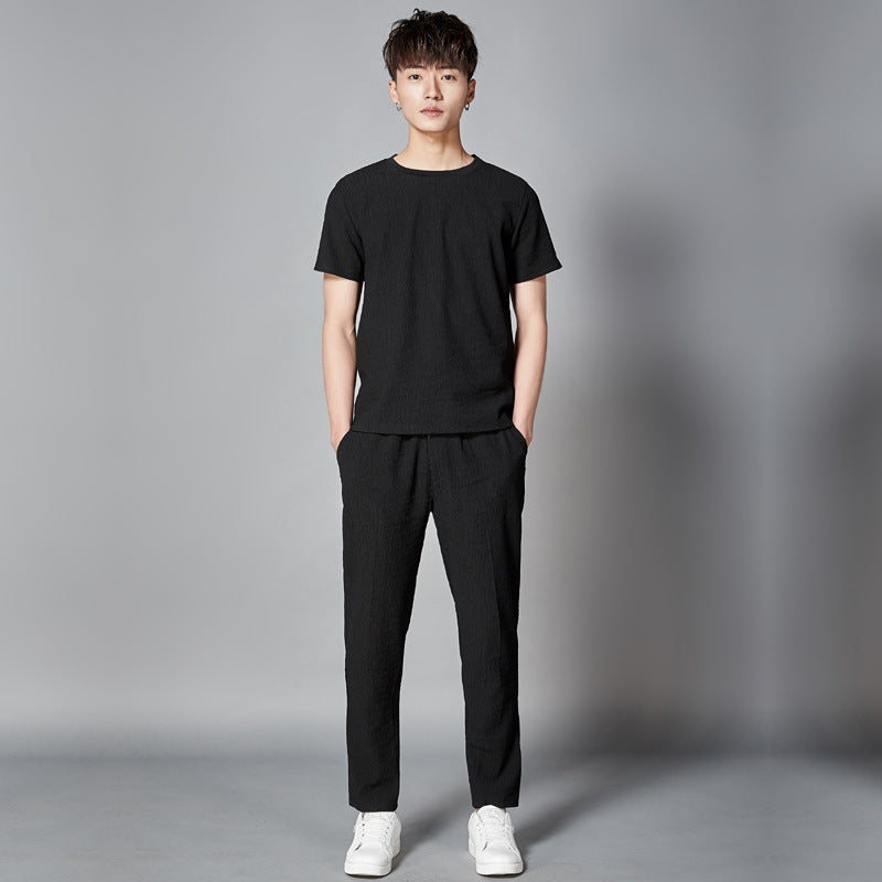 Summer New Men's Casual Suit Short-sleeved T-shirt Trousers Two-piece Solid Color Sports And Leisure Suit