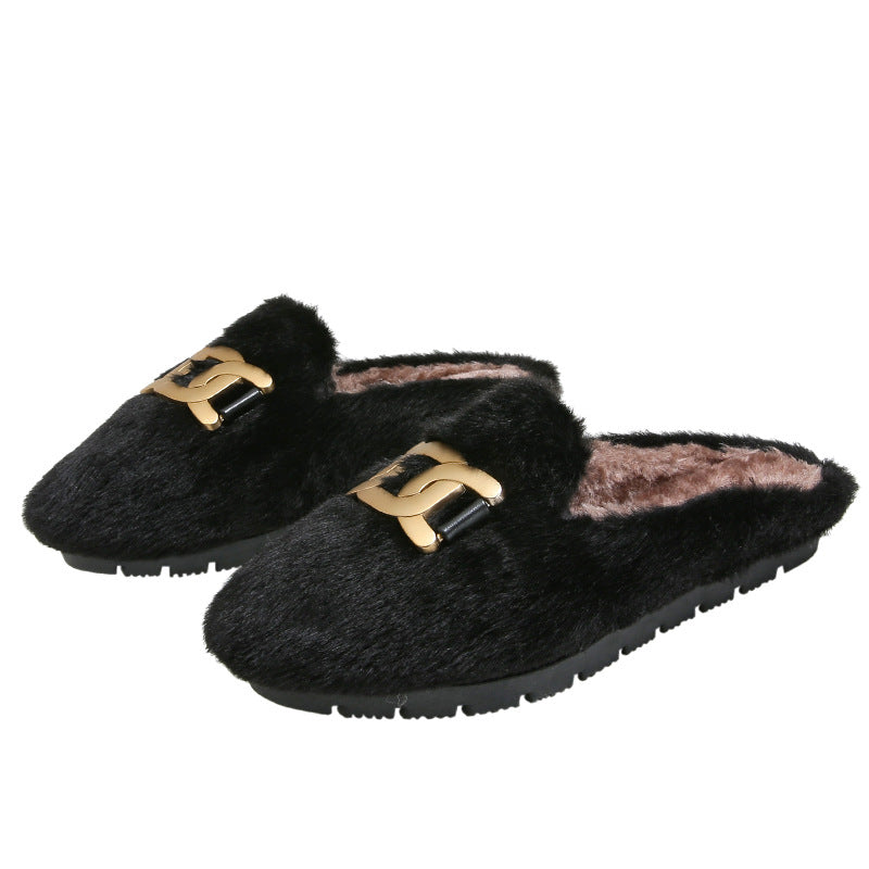 Furry Slippers Women Cotton Lazy Flat-bottomed Outer Wear In Winter