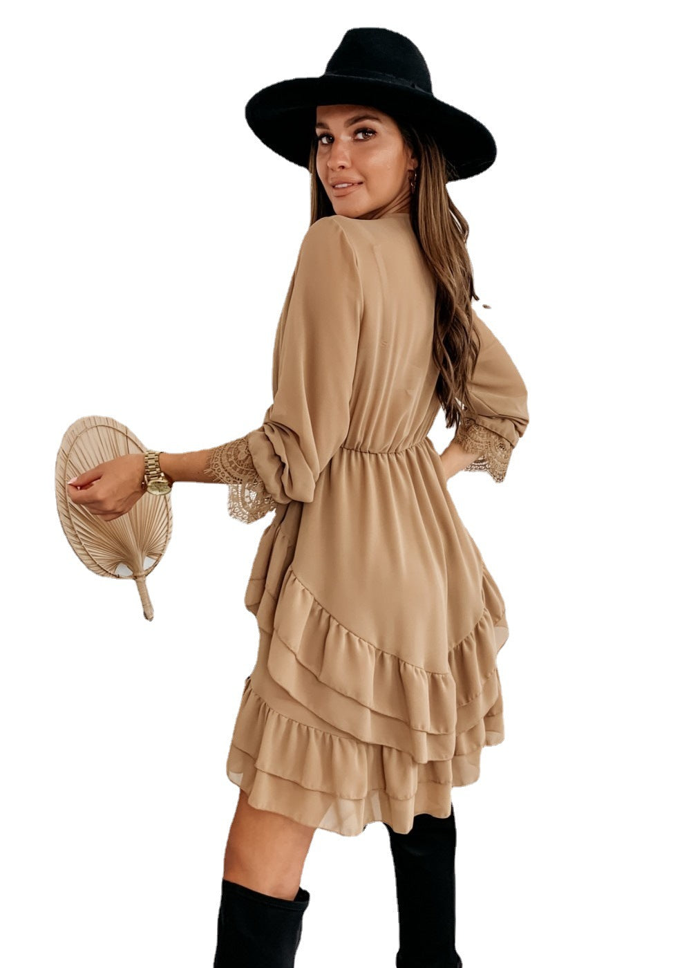 Turtleneck Long Sleeve V-Neck Ruffle Skirt Chiffon Dress