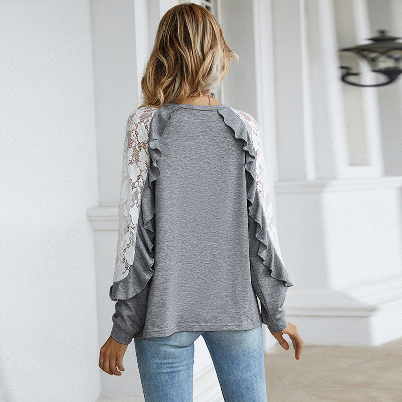 Loose Lace Long-sleeved Blouse Women's Round Neck Solid Color Casual