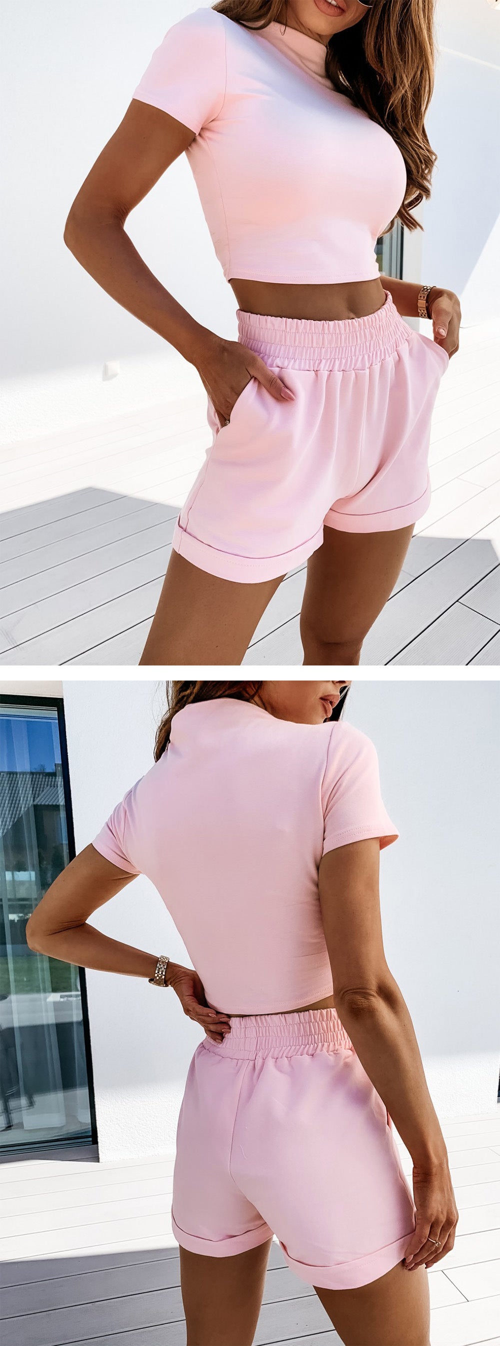 Spring 2022 New Women's Clothing Fashion Suit Two-piece Short Sleeve High Waist Cropped Shorts