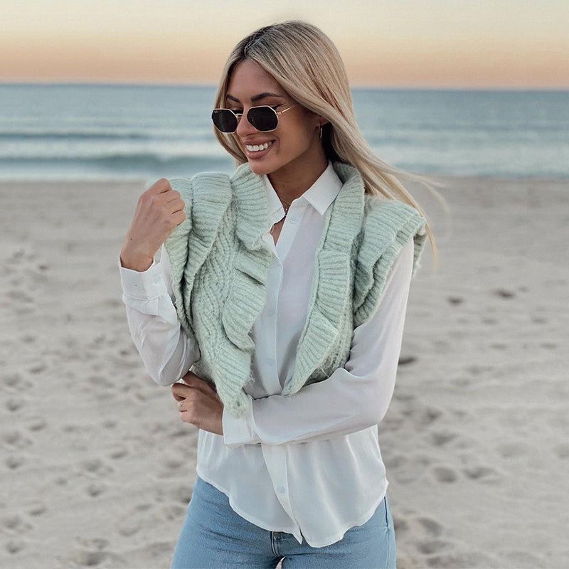 Short Knit Cardigan With Ruffled Sleeves