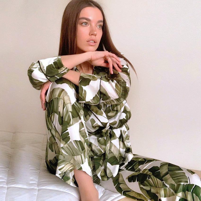 Banana Leaf Print Women's Pajama Set Long Sleeve Simple Homewear